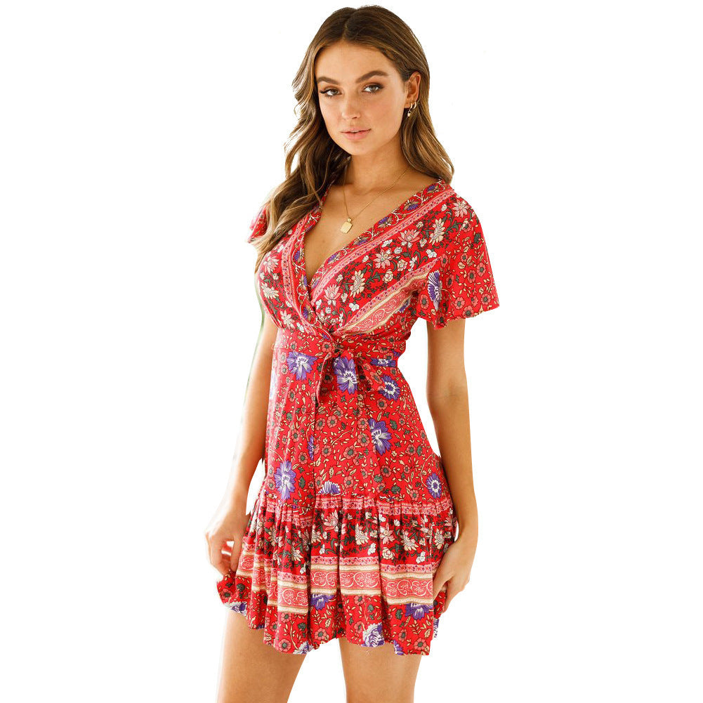Bohemian V-Neck Print Dress - Summer Short Sleeve Wine Red