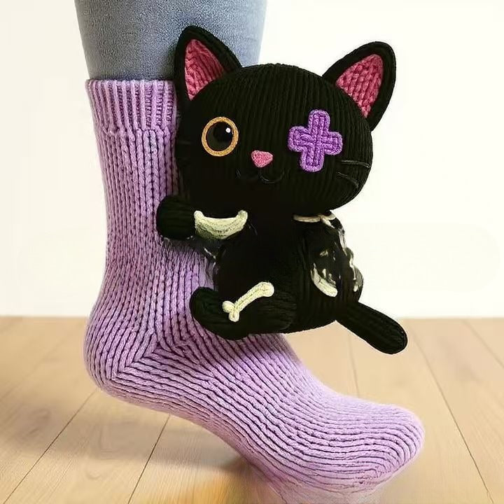 Plush Crochet Animal Cute Animal Socks Black Kitten Average Size