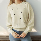 Women's Valentine's Day Heart Round Neck Sweater Light Apricot