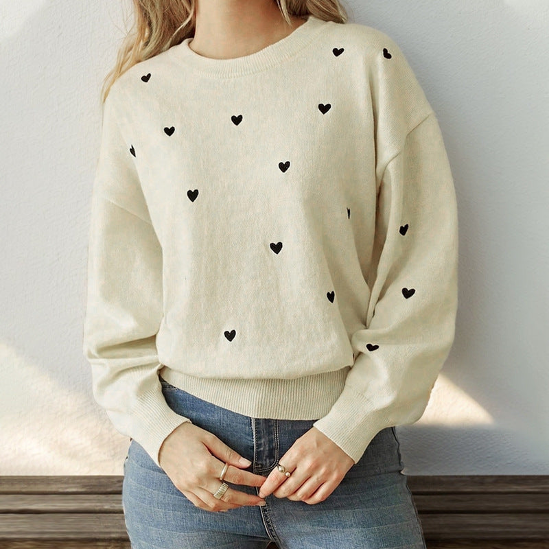 Women's Valentine's Day Heart Round Neck Sweater Light Apricot
