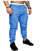Men's Casual Pencil Pants - Loose Fit Cotton Blend with Belt Blue