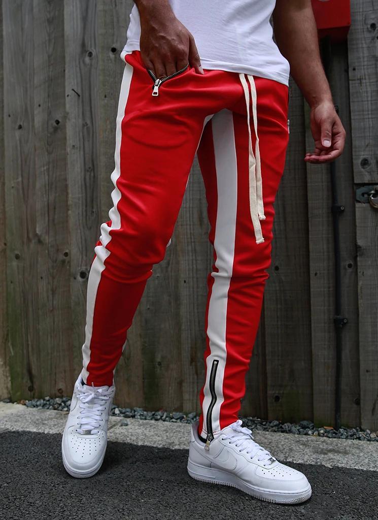 FOG Men's Casual Pants with Zipper - Retro Stripe Design 1Red white
