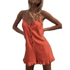 Ruffled Romper Shorts - Casual Jumpsuit Style Orange