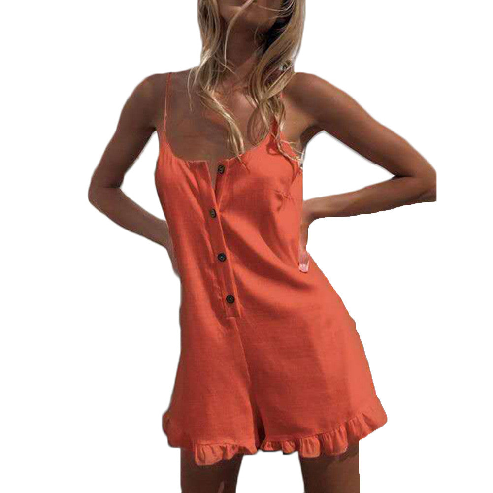 Ruffled Romper Shorts - Casual Jumpsuit Style Orange