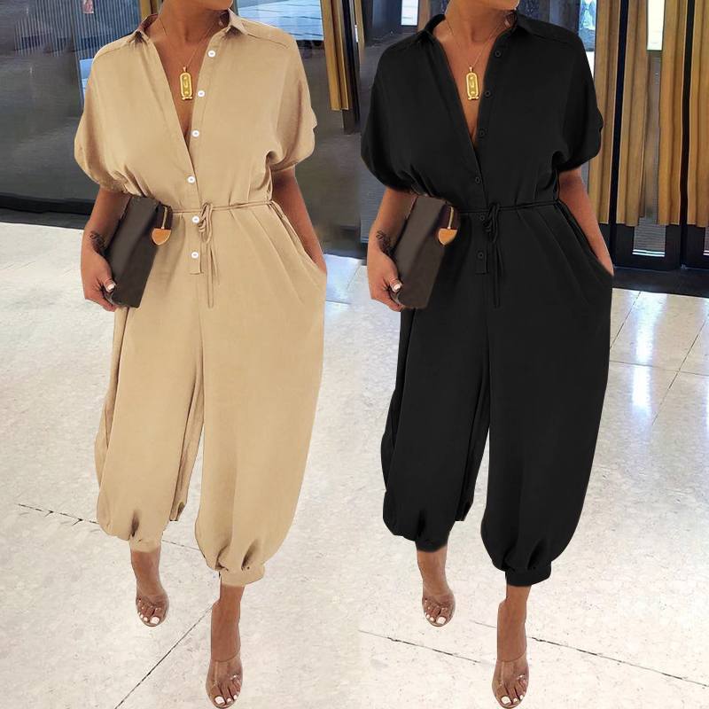 Retro Button-Front Jumpsuit - Vintage Loose Fit