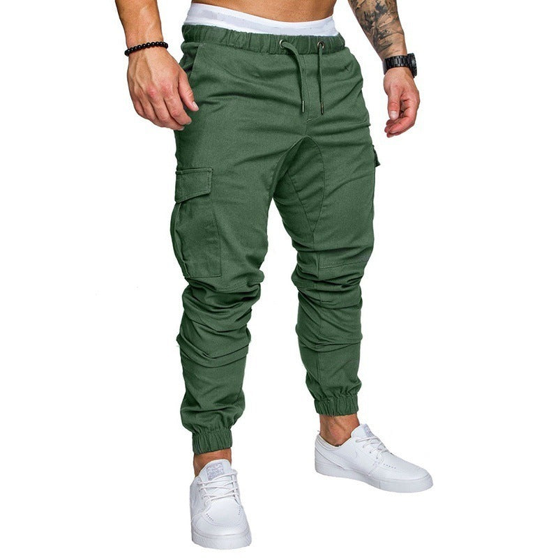 Men's Casual Pencil Pants - Loose Fit Cotton Blend with Belt Green