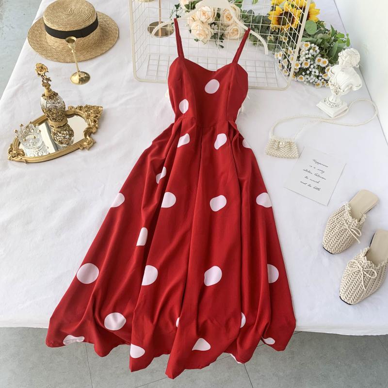 Vintage Polka Summer Dress With Straps Red One size