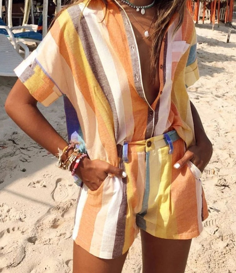 Striped Comfortable Jumpsuit - Casual One-Piece Yellow
