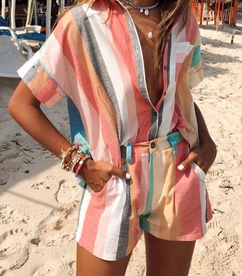 Striped Comfortable Jumpsuit - Casual One-Piece Orange