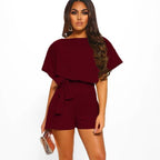 Solid Color Belted Romper - Short Sleeve A-Line Wine Red