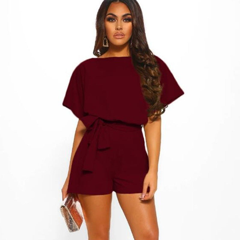 Solid Color Belted Romper - Short Sleeve A-Line Wine Red