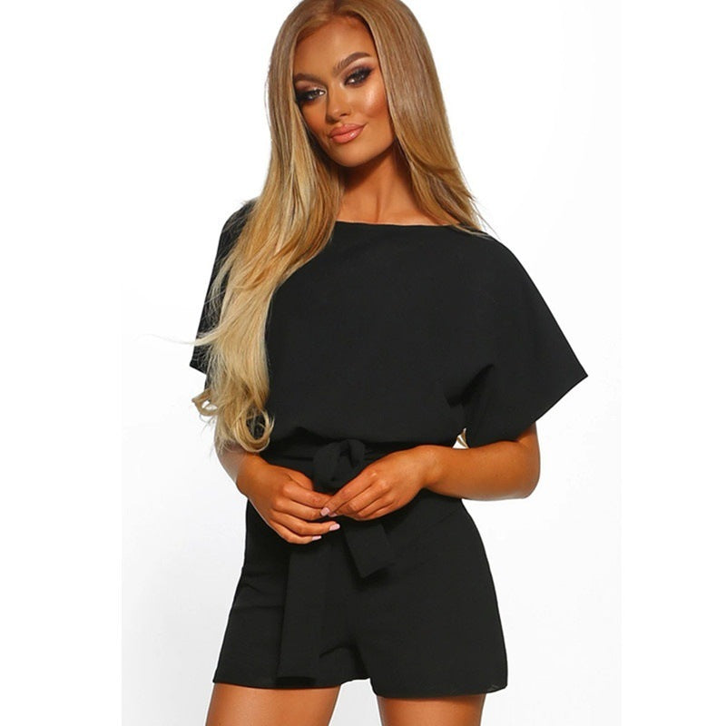 Solid Color Belted Romper - Short Sleeve A-Line Black