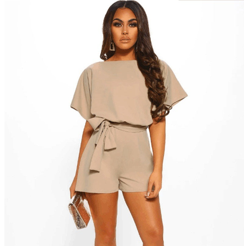Solid Color Belted Romper - Short Sleeve A-Line Khaki