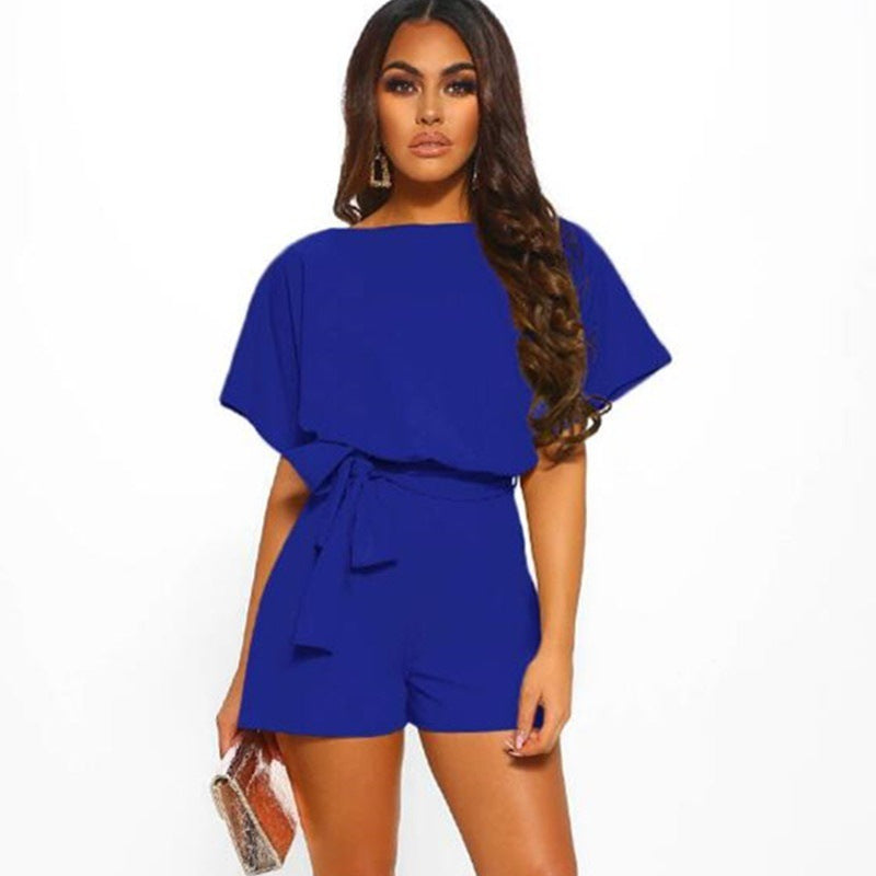 Solid Color Belted Romper - Short Sleeve A-Line Blue