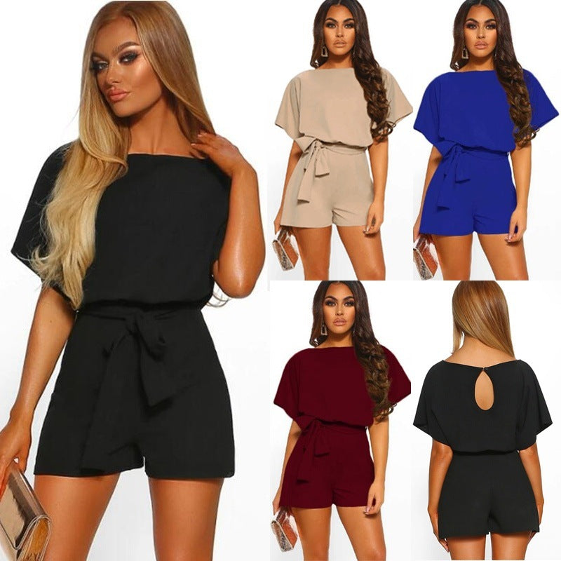 Solid Color Belted Romper - Short Sleeve A-Line