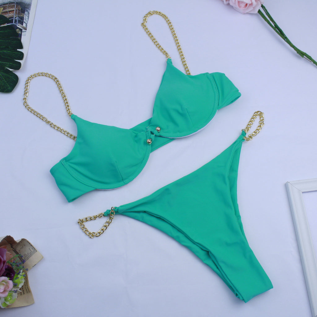 Chain Detail Bikini Set - Two-Piece Swimsuit Green