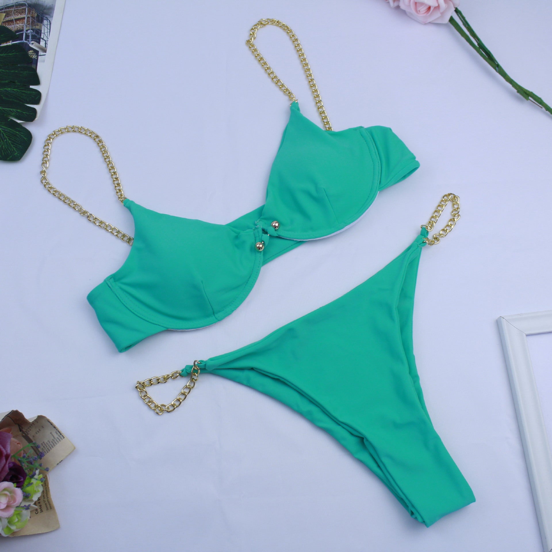 Chain Detail Bikini Set - Two-Piece Swimsuit Green