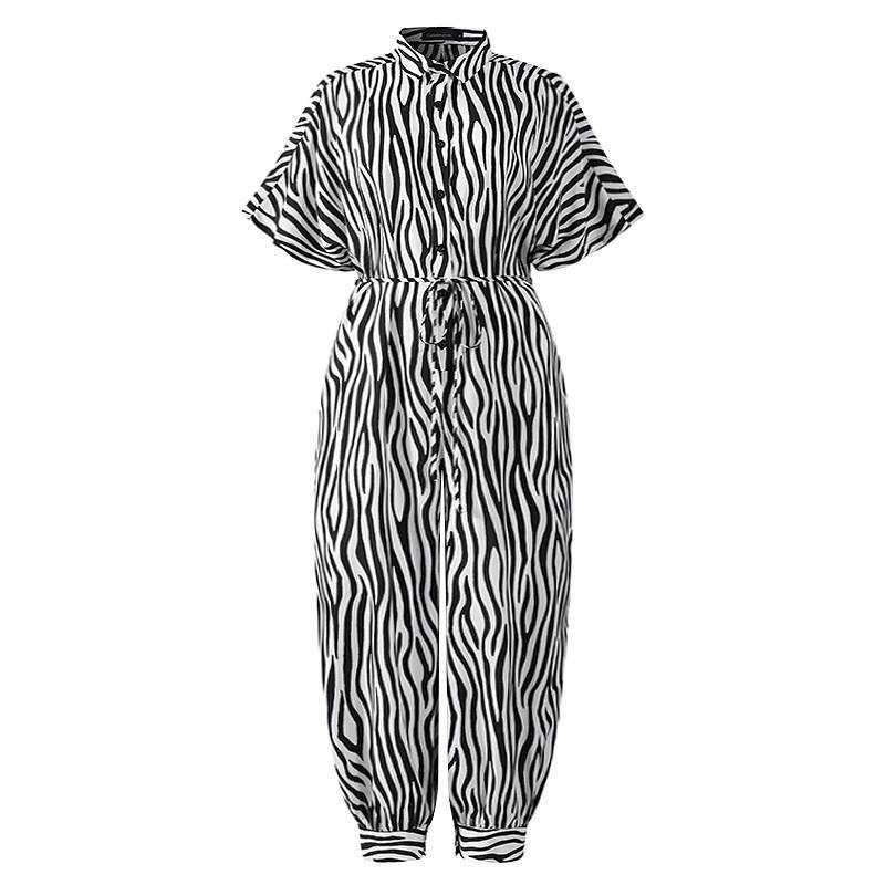Retro Button-Front Jumpsuit - Vintage Loose Fit White zebra