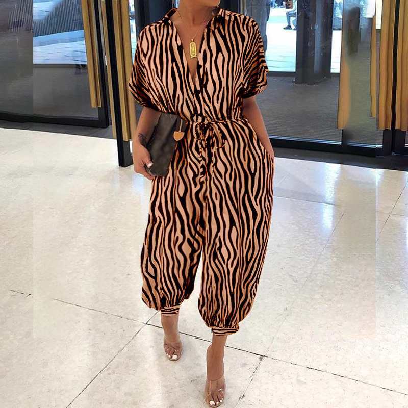 Retro Button-Front Jumpsuit - Vintage Loose Fit Brown Zebra