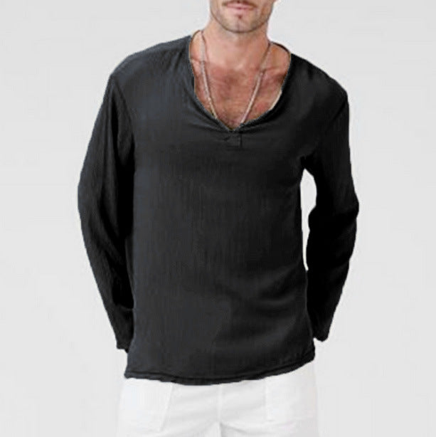 Men's Linen Ethnic Style T-Shirt - Loose V-Neck Long Sleeve Black