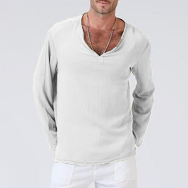 Men's Linen Ethnic Style T-Shirt - Loose V-Neck Long Sleeve White