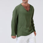 Men's Linen Ethnic Style T-Shirt - Loose V-Neck Long Sleeve Army Green