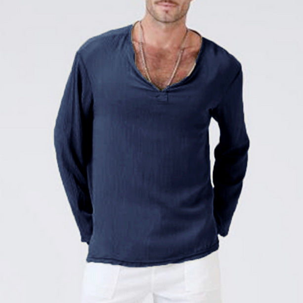 Men's Linen Ethnic Style T-Shirt - Loose V-Neck Long Sleeve Navy Blue