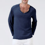 Men's Linen Ethnic Style T-Shirt - Loose V-Neck Long Sleeve Navy Blue