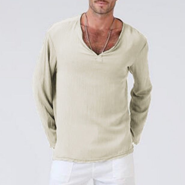 Men's Linen Ethnic Style T-Shirt - Loose V-Neck Long Sleeve Khaki