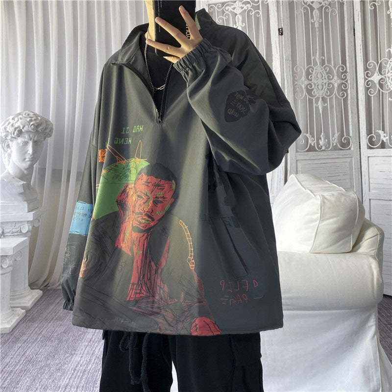 Graffiti Clothes Men's Korean Style Trendy Handsome Street Jacket Grey
