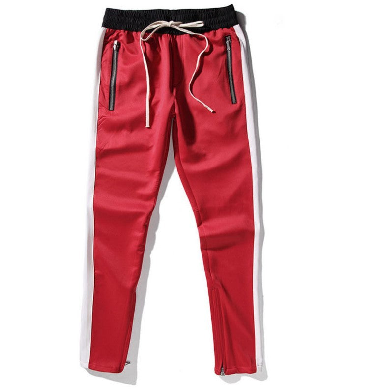 FOG Men's Casual Pants with Zipper - Retro Stripe Design Red white
