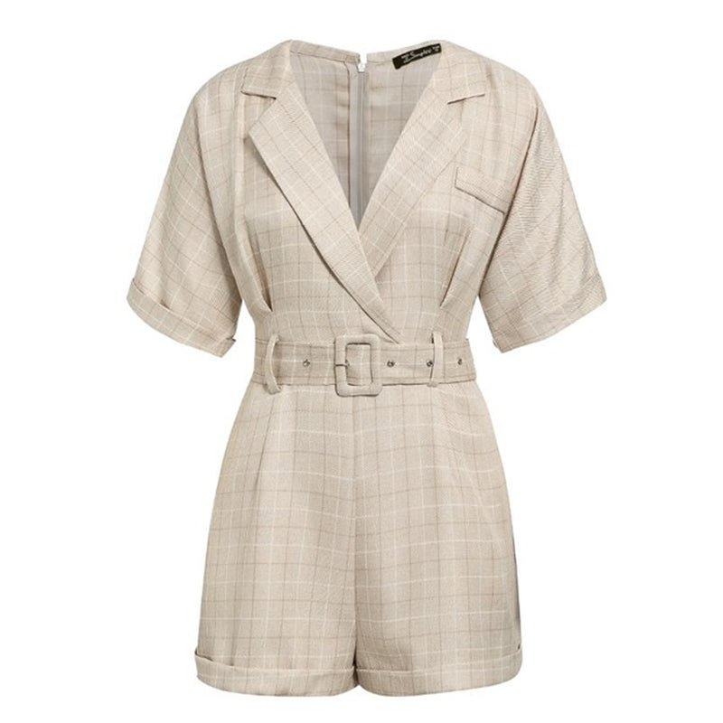 Plaid Belted Jumpsuit - Suit Collar Casual Style