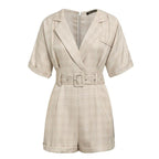 Plaid Belted Jumpsuit - Suit Collar Casual Style Light apricot