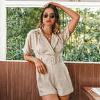 Plaid Belted Jumpsuit - Suit Collar Casual Style