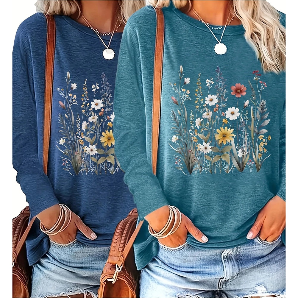 2-Pack Women’s Floral Graphic Long Sleeve T-Shirts – Casual Loose Fit