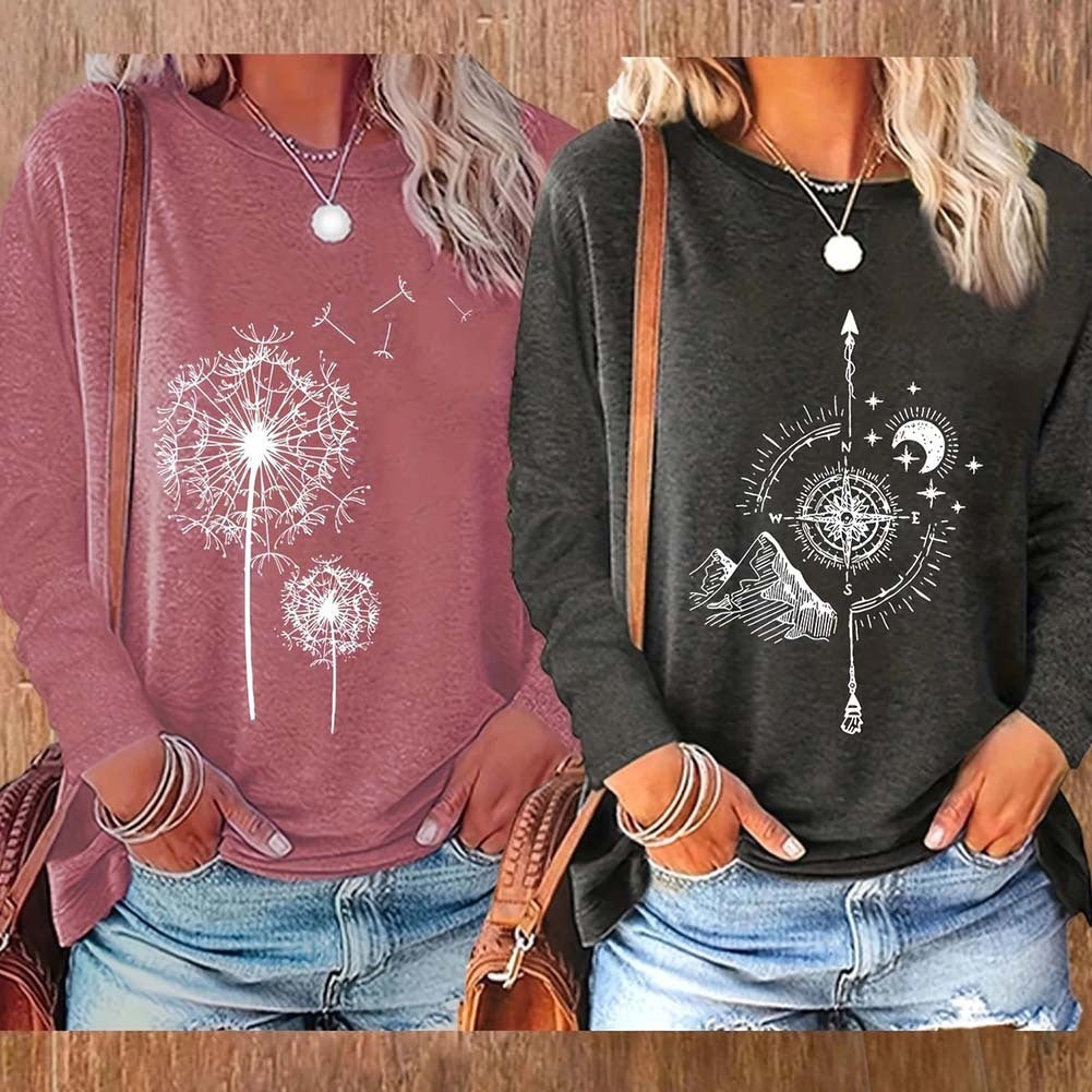 2-Pack Women’s Floral Graphic Long Sleeve T-Shirts – Casual Loose Fit