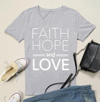 Faith hope and love T-shirts for men and women English alphanumeric street short sleeves Gray