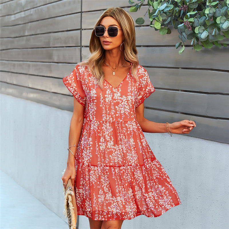 Ruffle Chiffon Dress - Loose Short Summer Style Red
