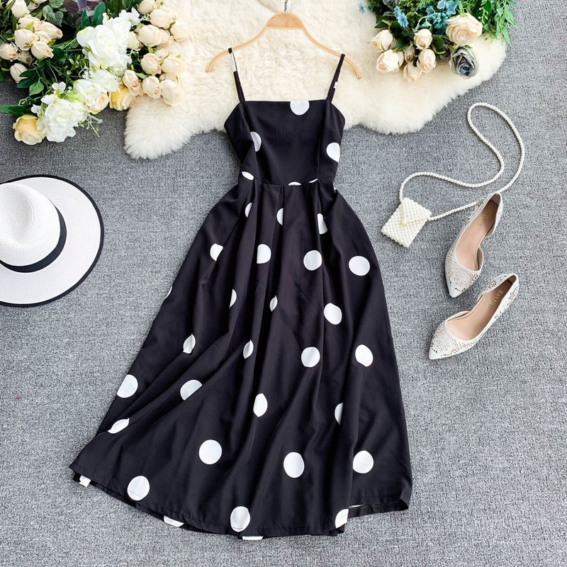 Vintage Polka Summer Dress With Straps Black One size