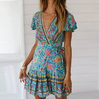 Bohemian V-Neck Print Dress - Summer Short Sleeve