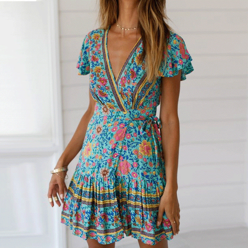 Bohemian V-Neck Print Dress - Summer Short Sleeve