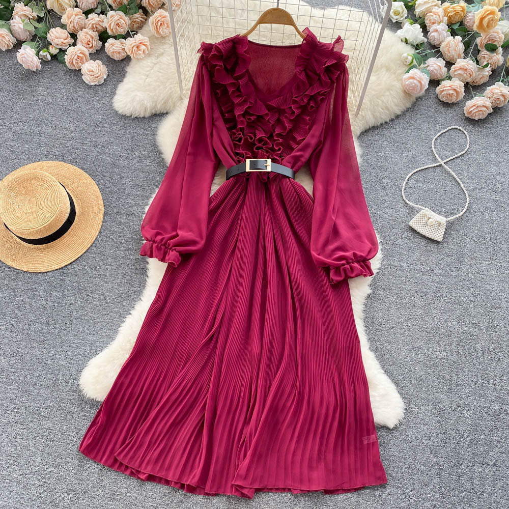 Summer Long Sleeve Chiffon Dress - Elegant Style Red Average Size