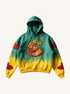 Vintage Print Loose-fitting Hoodie Sweater Green Yellow