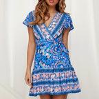 Bohemian V-Neck Print Dress - Summer Short Sleeve
