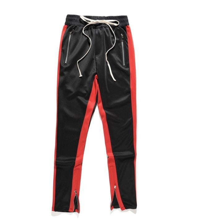 FOG Men's Casual Pants with Zipper - Retro Stripe Design Red black
