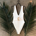 One-Piece Swimsuit with Belt Ring Detail - White White