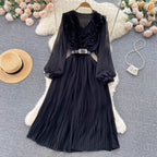 Summer Long Sleeve Chiffon Dress - Elegant Style Black Average Size