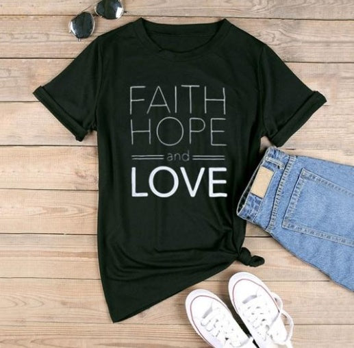 Faith hope and love T-shirts for men and women English alphanumeric street short sleeves Black