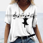 Cartoon Cat V Neck Women's T-shirts Cute Cat Print Short
