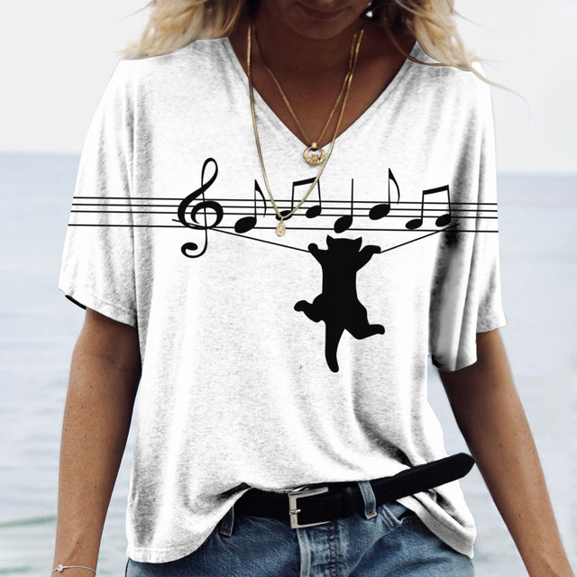 Cartoon Cat V Neck Women's T-shirts Cute Cat Print Short WVLDXC10Y152